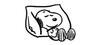 cartoon character snoopy sleeping. he is lying against a big fluffy pillow.